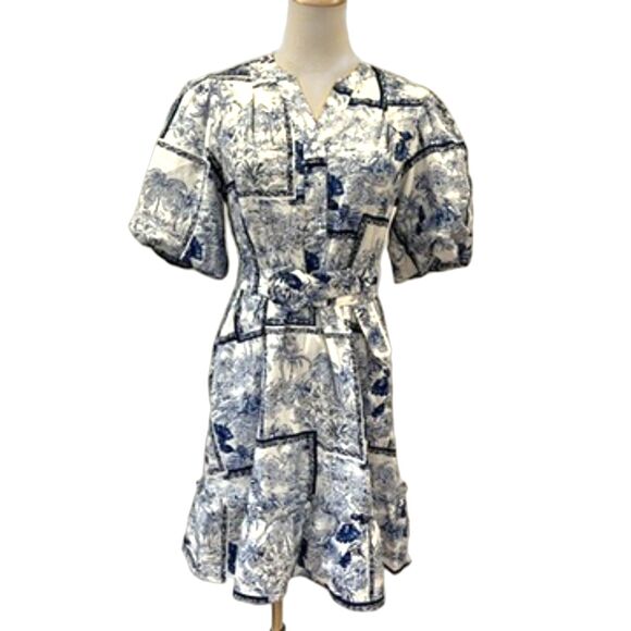 J by Joie Blue White Toile Mini Dress Belted Puff Sleeves Size 2 Cotton Full NEW - Picture 1 of 7